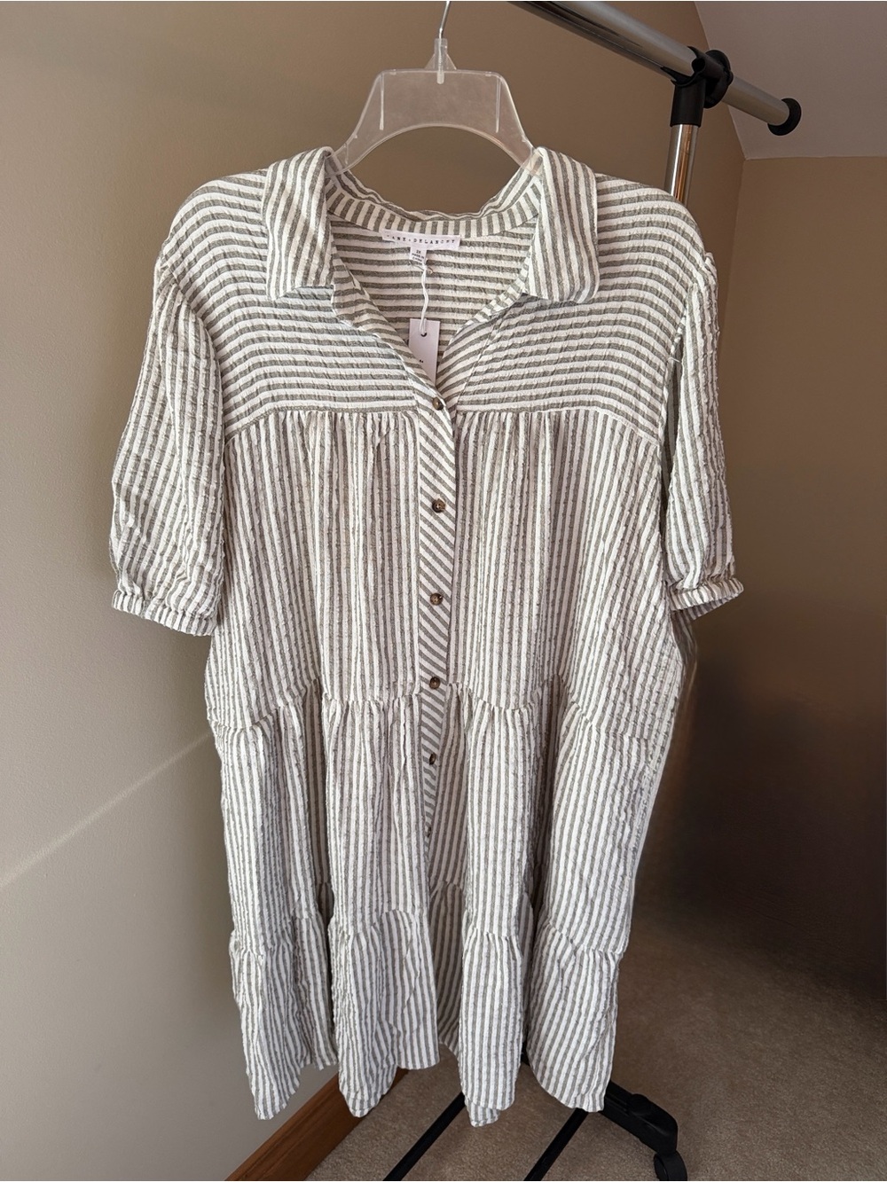Jane and Delancey White and Gray Striped Button-Tiered Midi Dress
